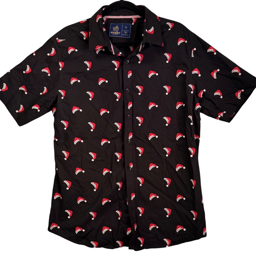 Rugby University Mens XL Black Santa Hat Believe Christmas Button Up Shirt